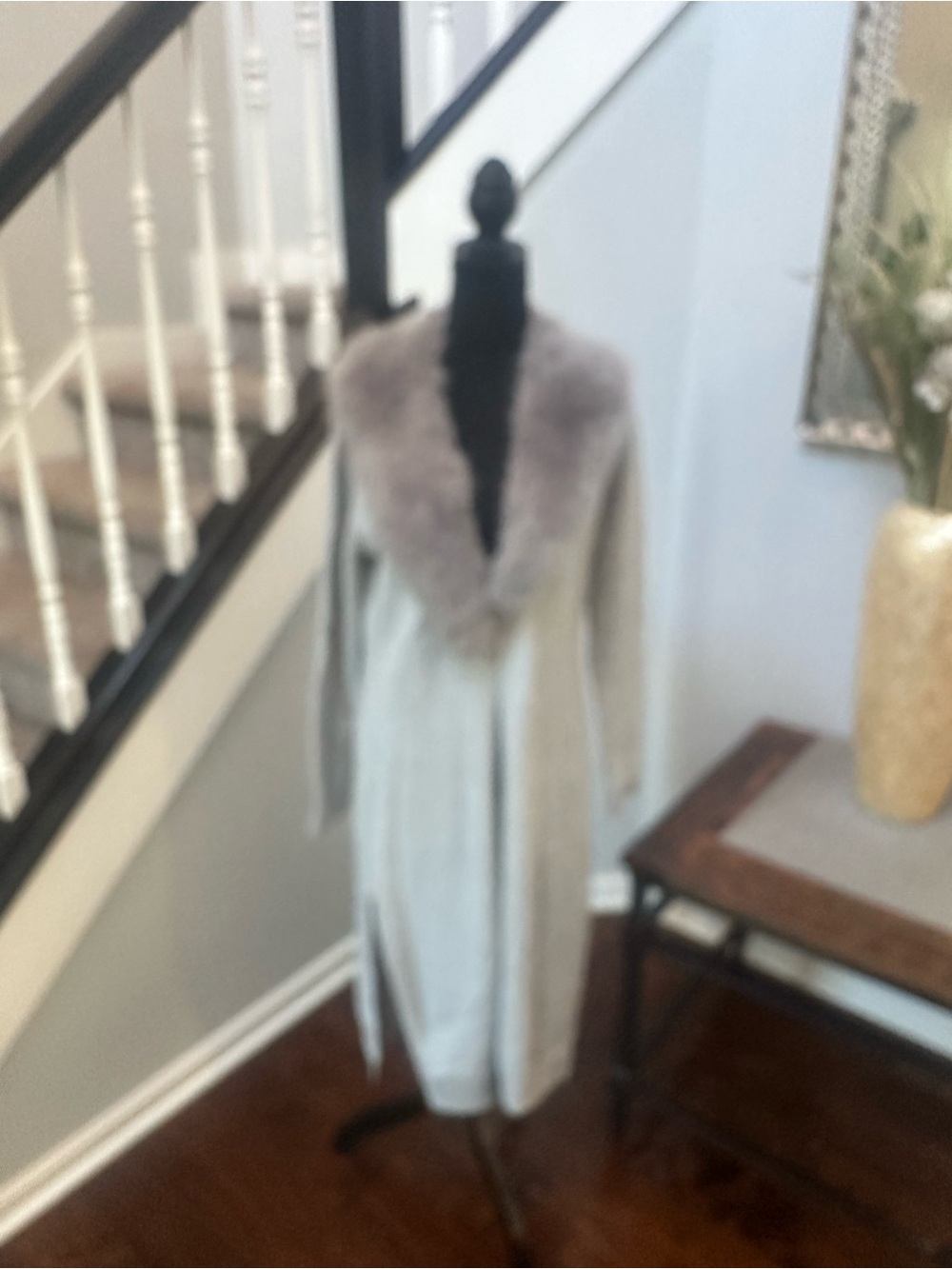 WHBM Gray Ribbed Duster Removable Faux Fur Collar M